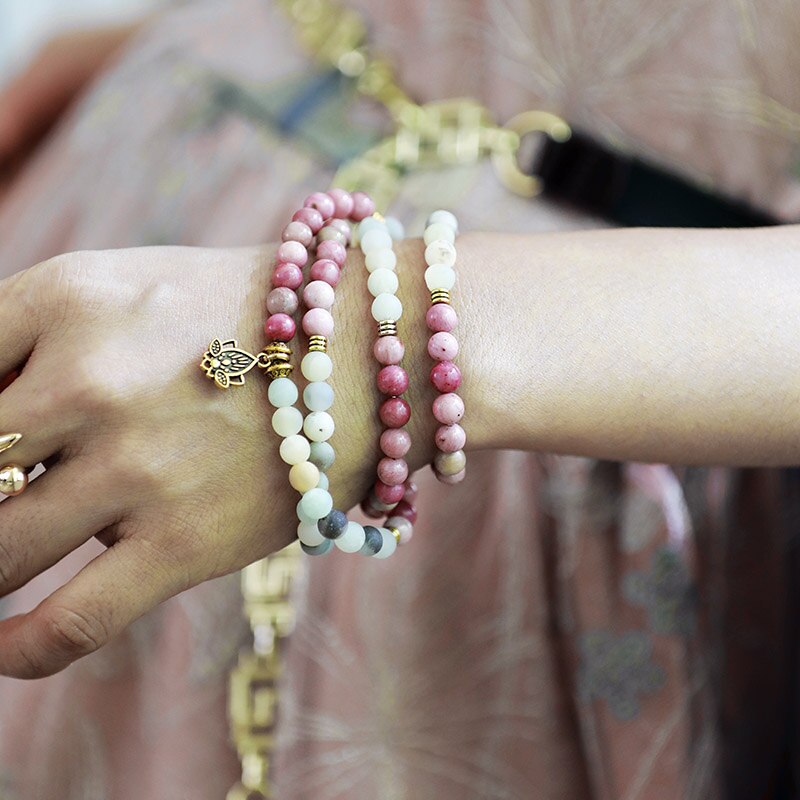 108 Beads Amazonite & Rhodonite Lotus Mala Necklace