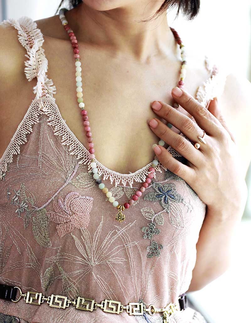 108 Beads Amazonite & Rhodonite Lotus Mala Necklace