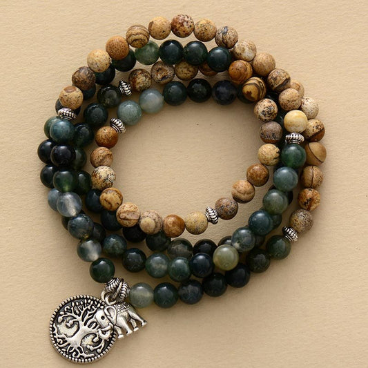 108 Beads Moss Agate & Jasper Tree of Life & Elephant Necklace