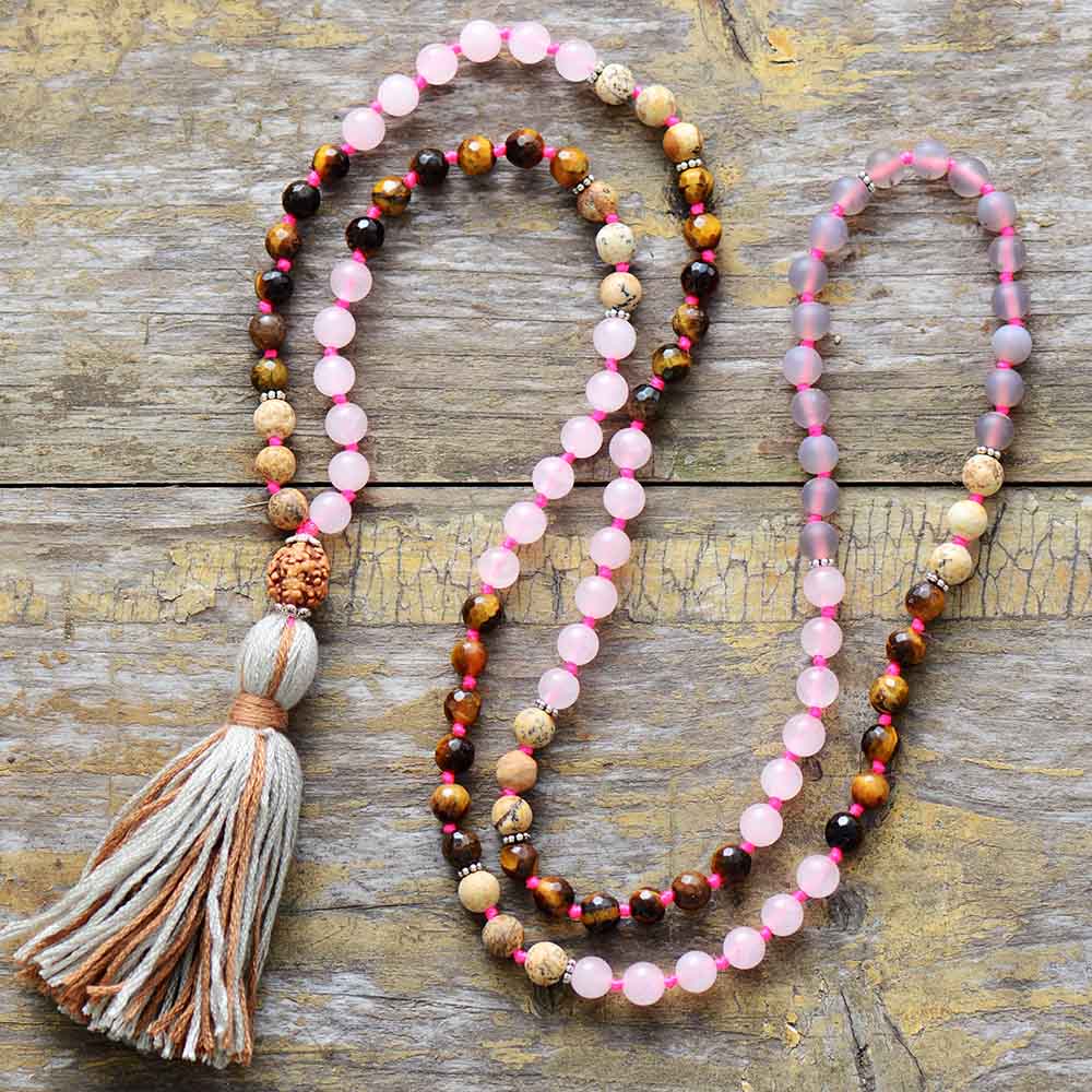 108 Beads Tiger Eye & Frosted Onyx Rudraksha Tassel Necklace