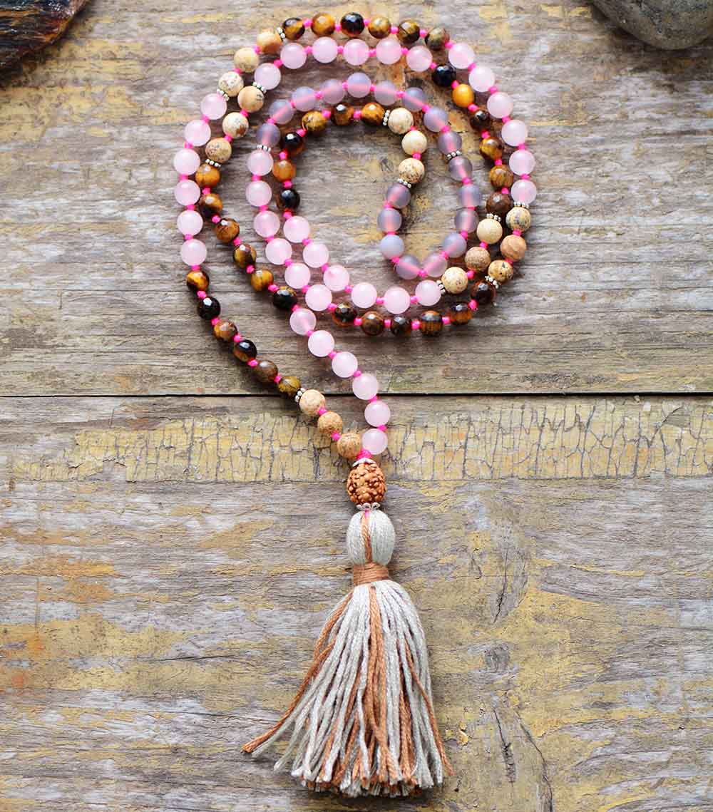 108 Beads Tiger Eye & Frosted Onyx Rudraksha Tassel Necklace