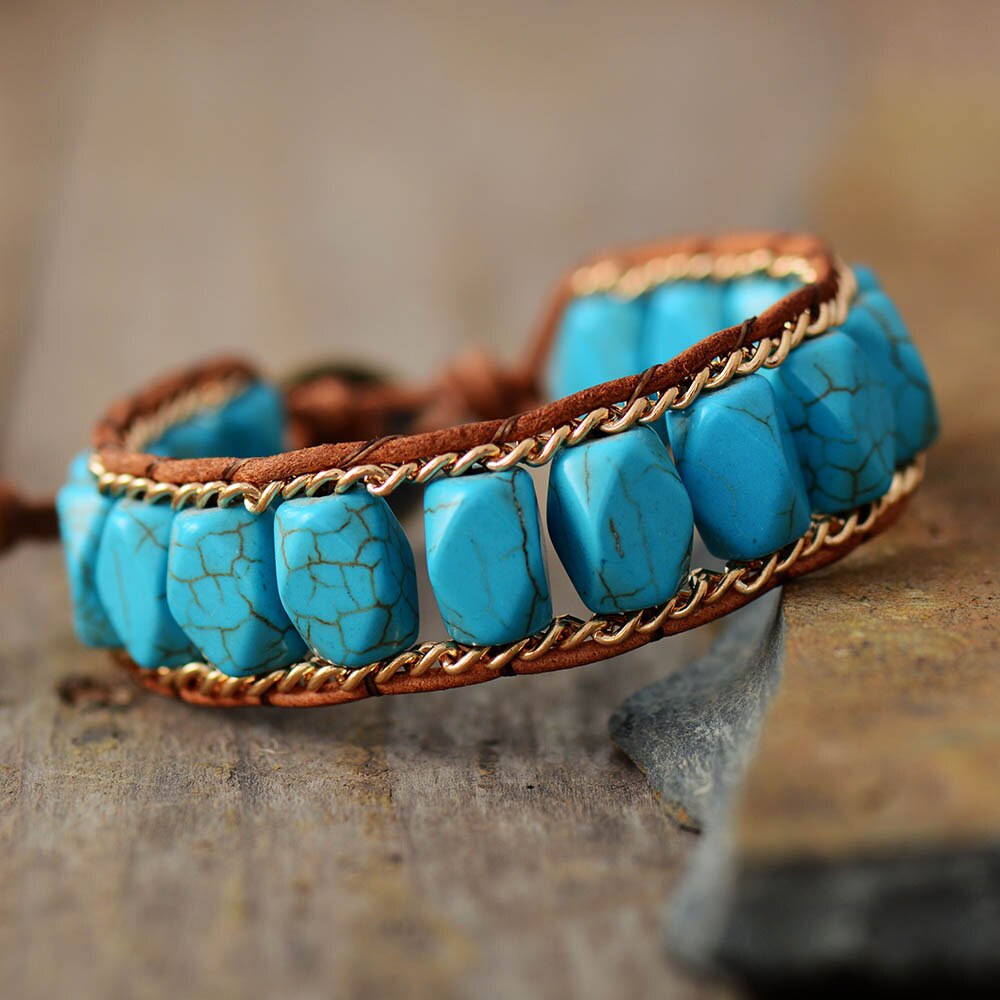 Gold Chain Turquoise Boho Bracelet Handmade Natural Stones