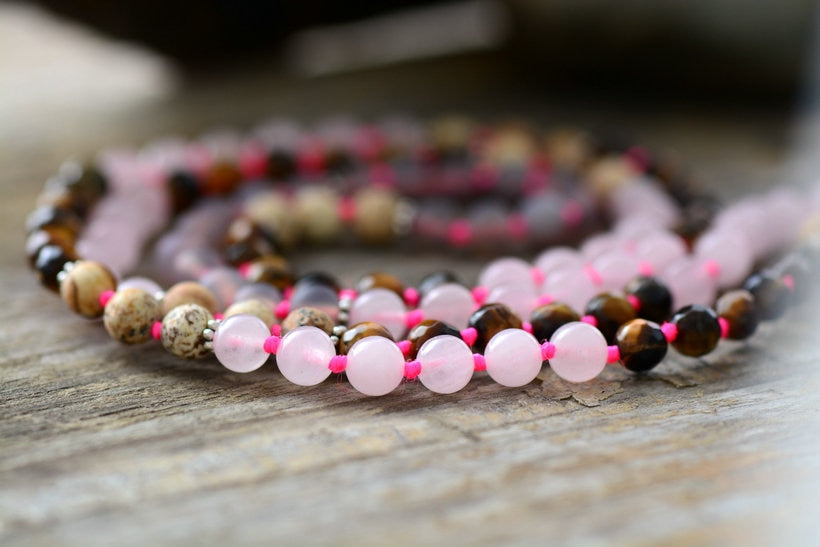 108 Beads Tiger Eye & Frosted Onyx Rudraksha Tassel Necklace
