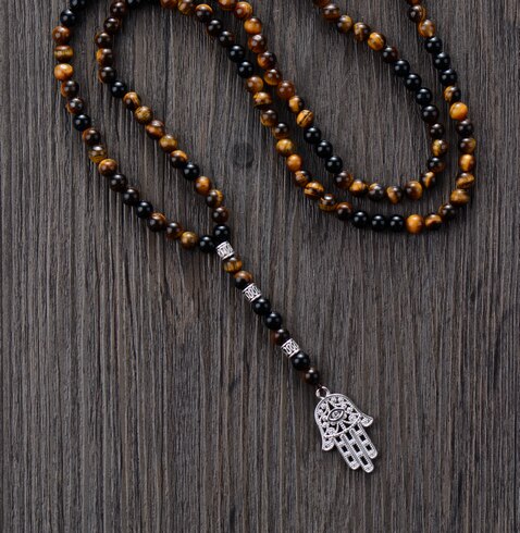 Sehaya Black Onyx & Tiger Eye Hamsa Necklace 06