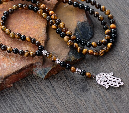 Sehaya Black Onyx & Tiger Eye Hamsa Necklace 02