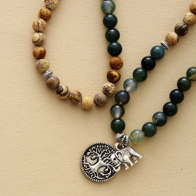 108 Beads Moss Agate & Jasper Tree of Life & Elephant Necklace