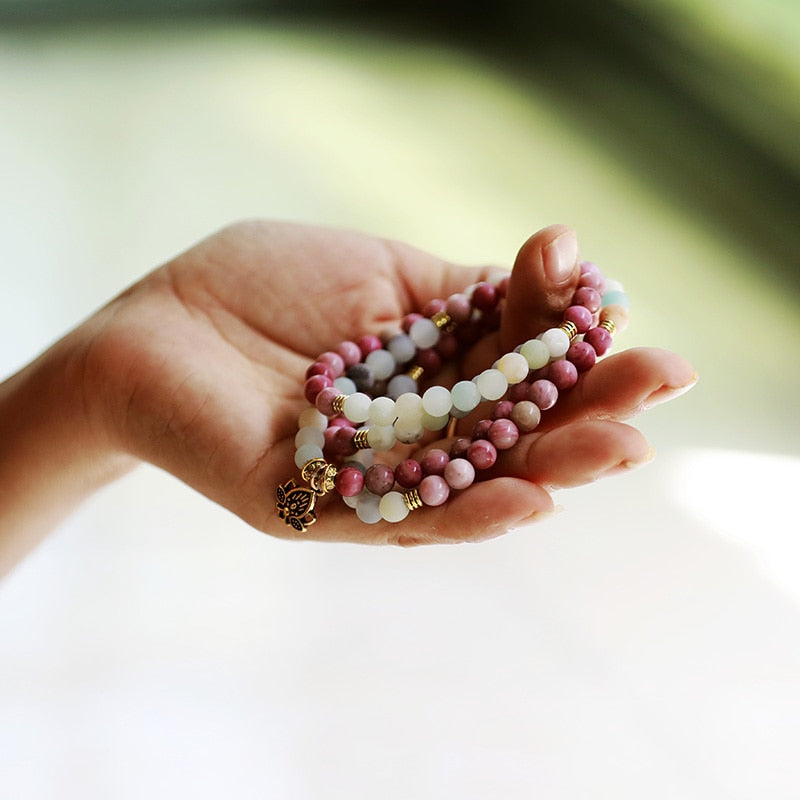 108 Beads Amazonite & Rhodonite Lotus Mala Necklace