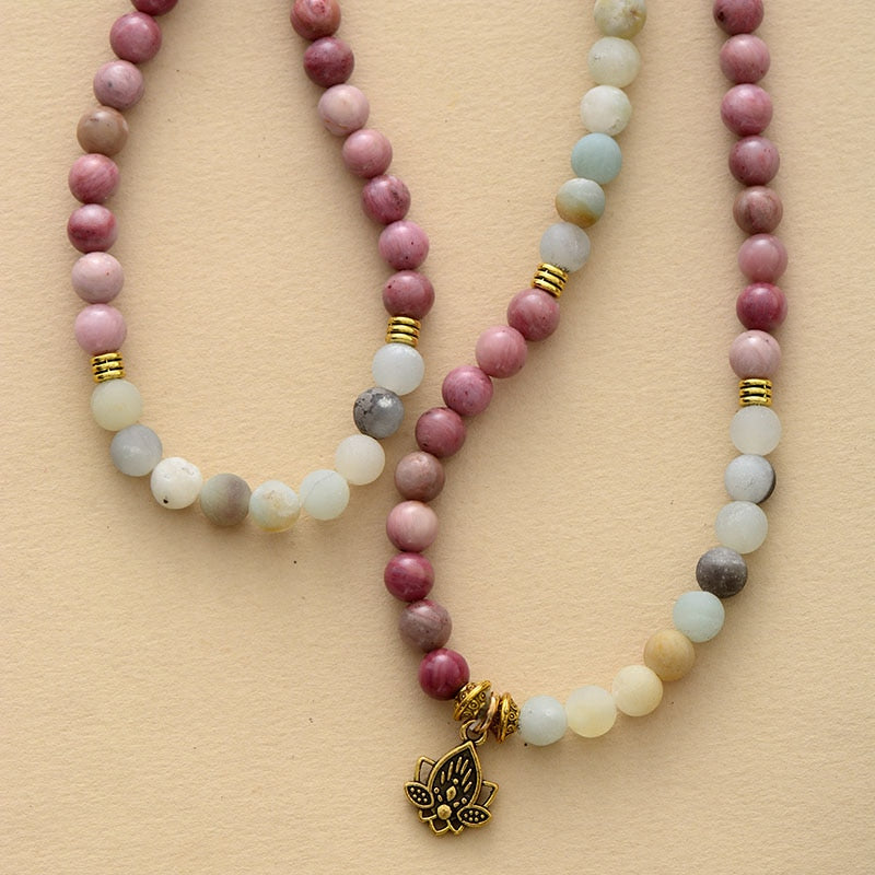 108 Beads Amazonite & Rhodonite Lotus Mala Necklace