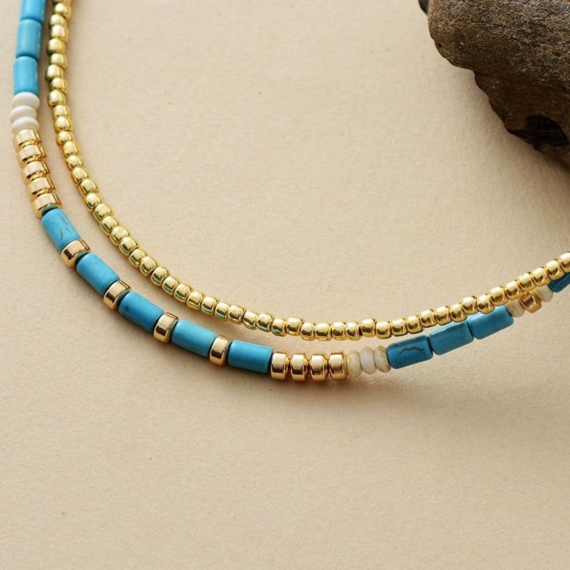 Turquoise & Gold Seed Beads Choker Necklace