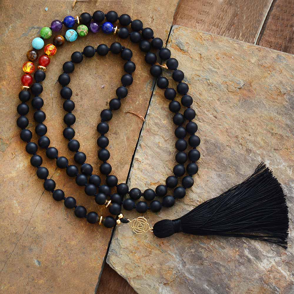 Sehaya 108 Beads Black Onyx 7 Chakra Mala Necklace 01