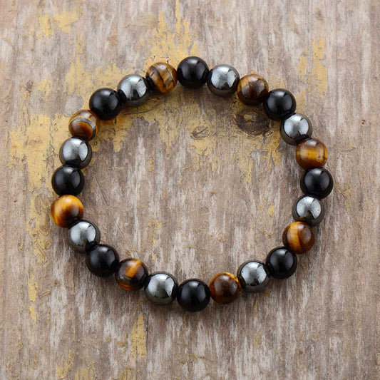 Black Onyx, Hematite & Tiger Eye Beaded Bracelet