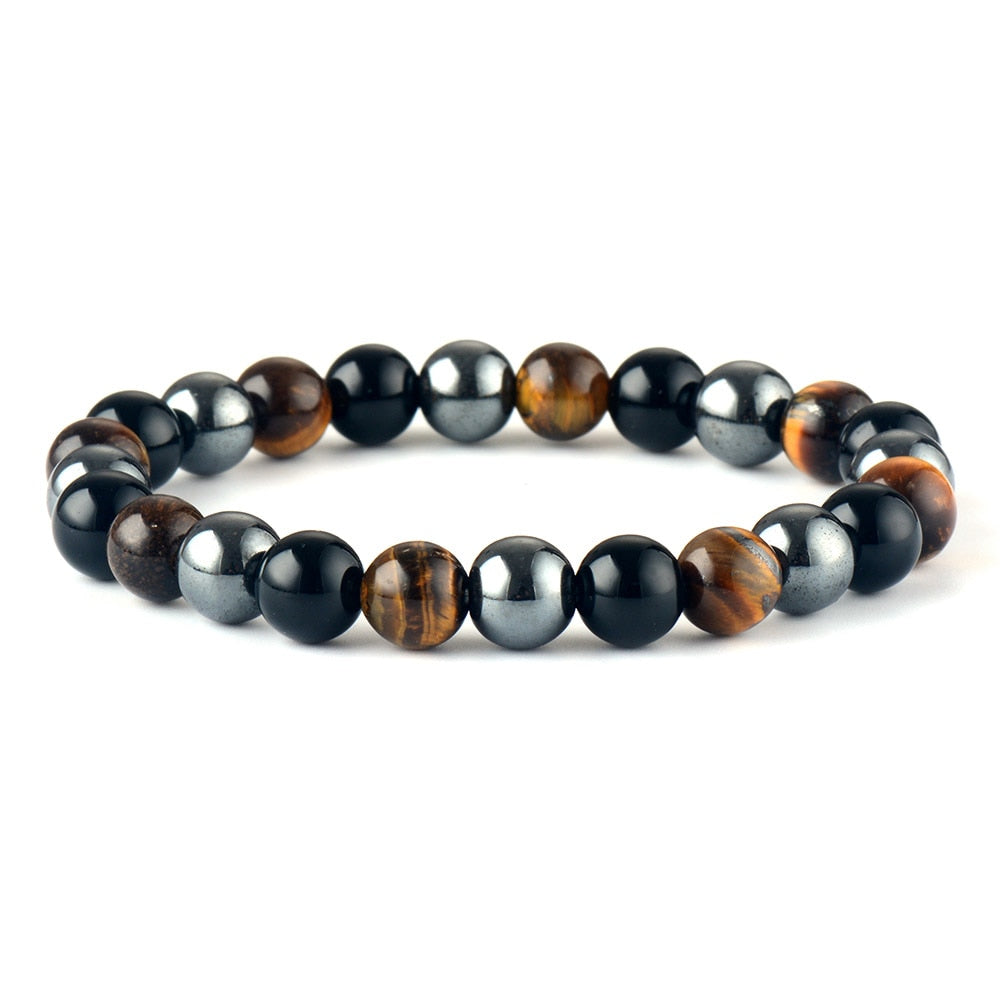 Black Onyx, Hematite & Tiger Eye Beaded Bracelet