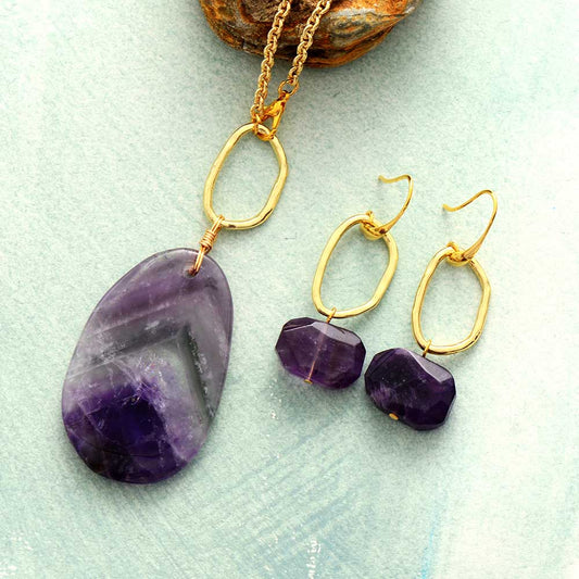 Amethyst Gold Tone Necklace & Earrings Set