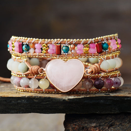 Rose Quartz & Tourmaline Heart Wrap Bracelet