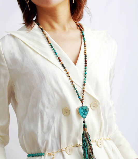 Gilded Druzy Turquoise & Jasper Tassel Necklace