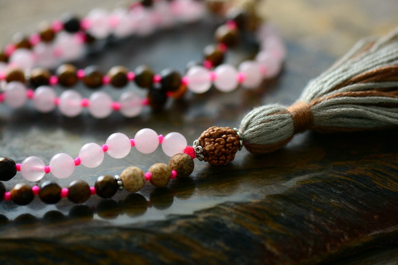 108 Beads Tiger Eye & Frosted Onyx Rudraksha Tassel Necklace